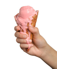 Woman holding melting ice cream on white background, closeup