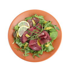 Delicious bresaola salad isolated on white, top view