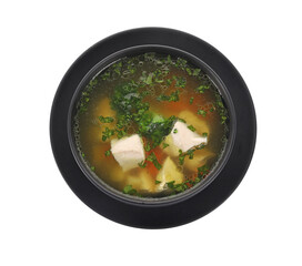 Delicious chicken soup with parsley isolated on white, top view