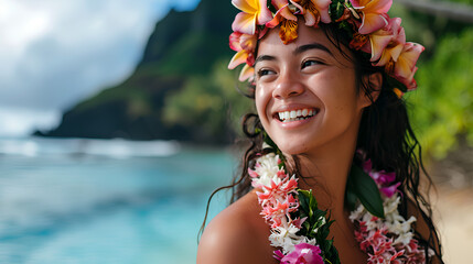 Portrait of young and attractive Hawaiian girl, flower garland around her neck and head, Hawaiian beach in the background - obrazy, fototapety, plakaty