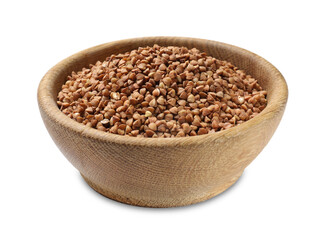 Bowl with dry buckwheat isolated on white