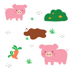 Vector illustration pattern of farm animal, pig with a puddle and plant isolated on white background