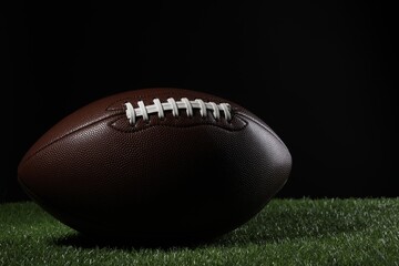 Leather American football ball on green grass against black background