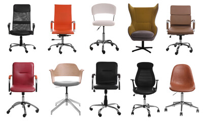 Different office chairs isolated on white, set