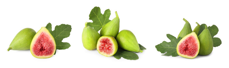 Fresh ripe green figs and leaves isolated on white, set