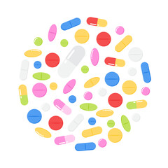 Colorful pills and capsules medical drugs circle illustration vector