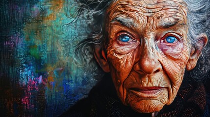 illustration of a old woman big sparkling blue eyes, elegant, determined, charming 