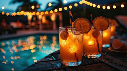 pool night party with drinks and summer decorations with copy space 