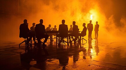 team sitting around a table in a meeting, against a golden brown background.  