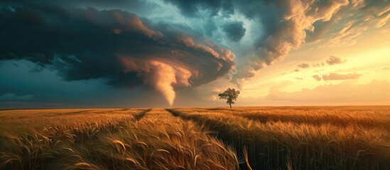 Tornado forming above wheat field. - obrazy, fototapety, plakaty