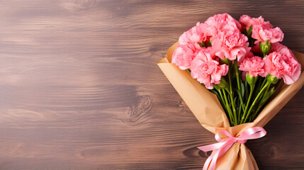 ピンクのカーネーションの花束、余白のある母の日の背景	
