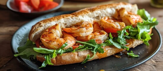 Delightful homemade shrimp sandwich on baguette with lettuce, tomato, and zesty sauce. - obrazy, fototapety, plakaty