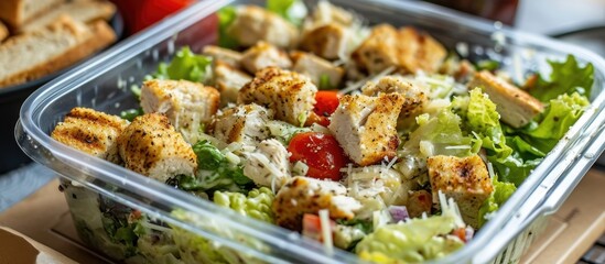 Chicken Caesar salad in lunch container