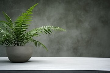 close up view of a green plant on top of a table, with concrete wall, minimal ambient, cinematography style...