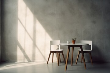 A close up view of white, modern and minimalist interior, with a table, two chairs, and concrete wall, sunlights come from windows...