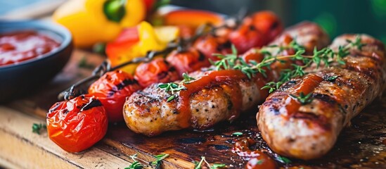 Grilled sausage and veggies on a wooden board with sauce. - obrazy, fototapety, plakaty