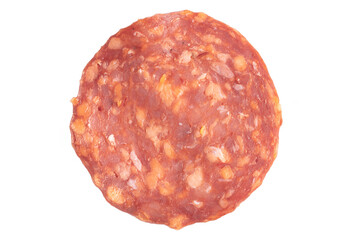 Slice of delicious smoked sausage isolated on white