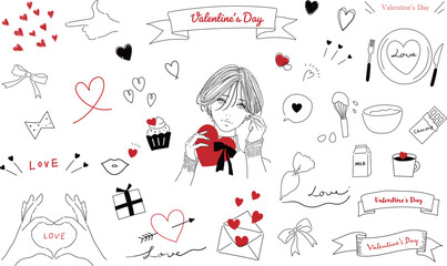 手作りバレンタイン 女の子とハートの線画イラスト ベクター