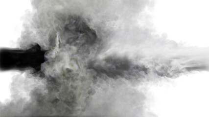Puffs of black and grey smoke collide against a white background. 3d illustration. 