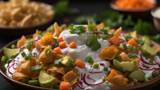 Zoom in on the intricate textures of papri chaat ingredients