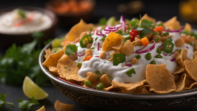 Zoom in on the intricate textures of papri chaat ingredients