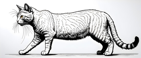 Side view illustration of a majestic cat walking. Minimalist black line cat Illustration. Generative Ai