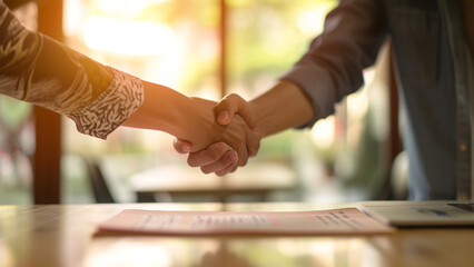 Fototapeta na wymiar Professionals Businesswoman and Businessman Shaking Hands Over a Business Agreement Closing Deal in Job Candidate Interview Reaching Agreement in Office Conference Room