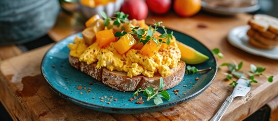 Delicious vegan breakfast: Scrambled egg sandwich with fruit salad. Scandinavian fresh style, homemade. - obrazy, fototapety, plakaty