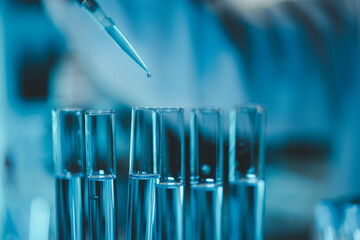 Technician holding tube test in the research laboratory, chemist's hand taking a solution sample tube from a rack with machines of analysis in the lab, Dripping liquid from pipette into tube.