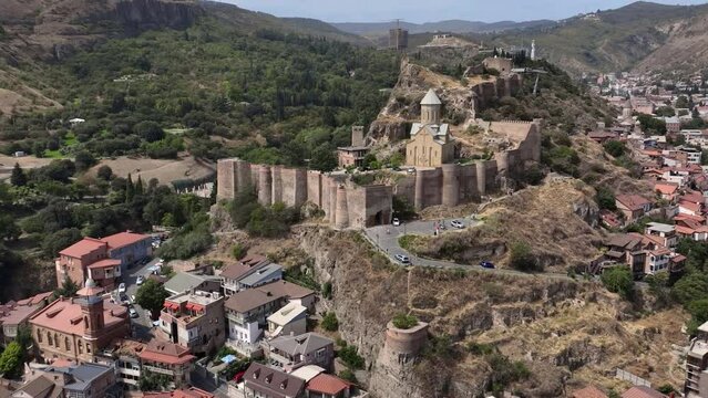 Flying Over The Historical Center Of Tbilisi And Narikala Fortress, Georgia