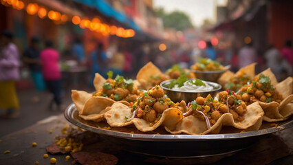 Showcase the diverse culinary influences of Indian street food by featuring papri chaat alongside other popular street snacks