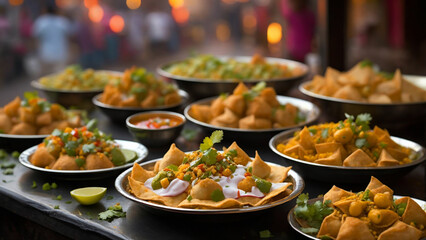 Showcase the diverse culinary influences of Indian street food by featuring papri chaat alongside other popular street snacks - obrazy, fototapety, plakaty