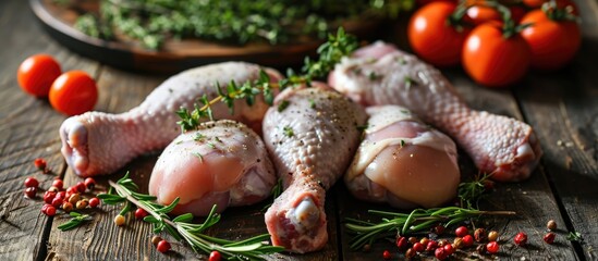 Uncooked chicken legs, suitable for grilling or soup, without skin. Fresh and raw. - obrazy, fototapety, plakaty