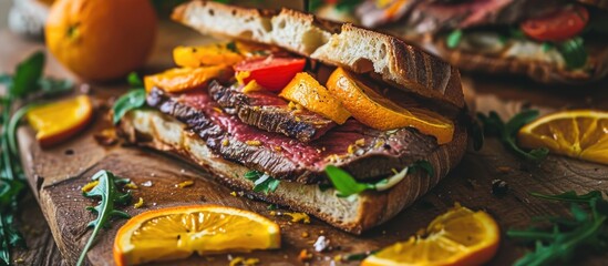 Focus on selective orange slices with vegetables, served in a juicy steak sandwich.