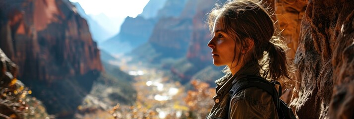 Woman Standing By Mountain Zion National, Background Image, Background For Banner, HD