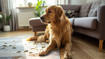 cute adult golden retriever dog sitting and leaving muddy paws on the floor and carpet in the living room - obrazy, fototapety, plakaty