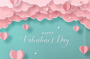 Minimal concept of Valentine's Day or love made of paper clouds and hearts on a background of...