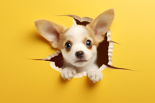 Cute Puppy peeking out of a hole in the wall, torn hole, empty copy space frame 