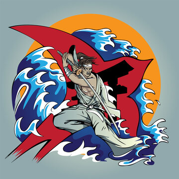 Sasaki Kojiro inspired samurai warrior with long katana sword and great wave