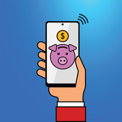 hand holding phone showing financial savings money savings piggy bank mobile banking