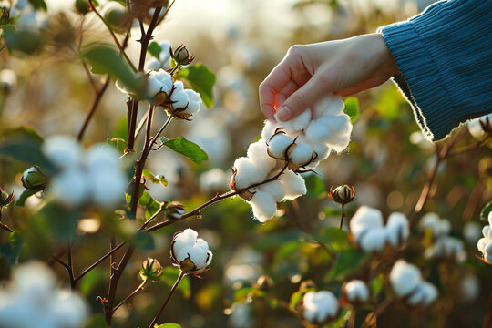Farmer hand picking white boll of cotton. Cotton farm. Field of cotton plants. Sustainable and eco-friendly practice on a cotton farm. Organic farming. Raw material for textile industry.