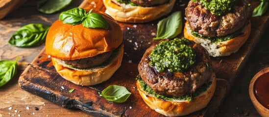 Bite-sized burgers with sweet and spicy sauce and pesto. - obrazy, fototapety, plakaty