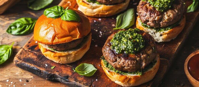 Bite-sized burgers with sweet and spicy sauce and pesto.