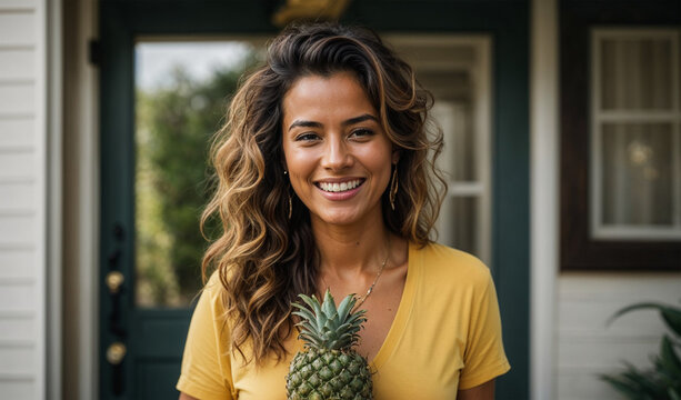 Woman Holding Pineapple at front door