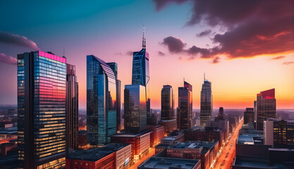 city skyline and skyscraper at sunset copy space background