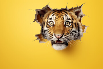 cute tiger peeking out of hole in the wall, torn hole, empty copy space frame, yellow background