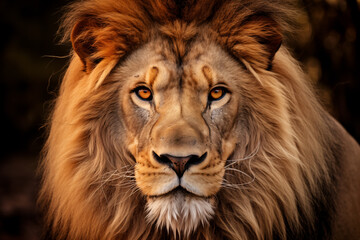 Naklejka premium Majestic Lion Portrait on Dark Background