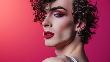 Fashion and glamorous young transgender man in makeup pose as model on solid background for photo shooting in studio © Lalida