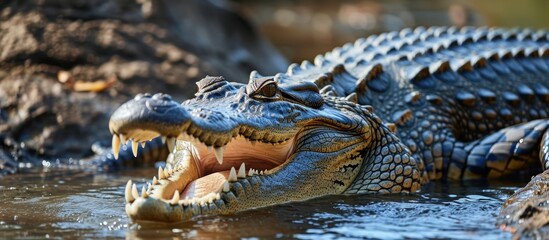 Nile crocodile regulating body temperature with open mouth.