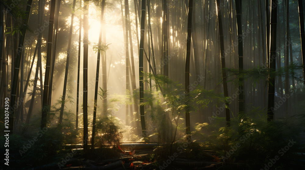 Wall mural sunlight between bamboo forests